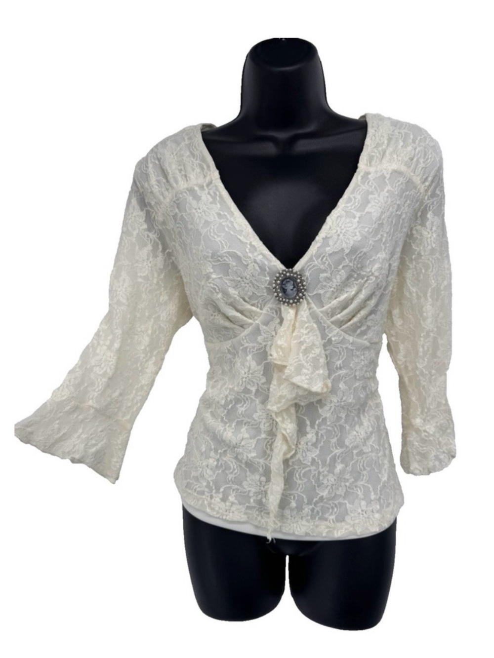 INC Ruffle Lace Sheer Ivory Romantic Victorian Blouse VTG Brooch Renaissance XL